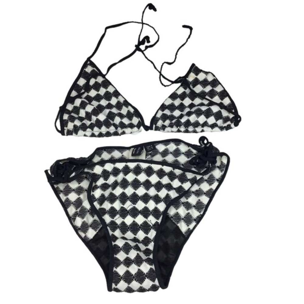 SHAN Black White Patterned Knit Crochet Bikini 2-Piece Size 6 Women's